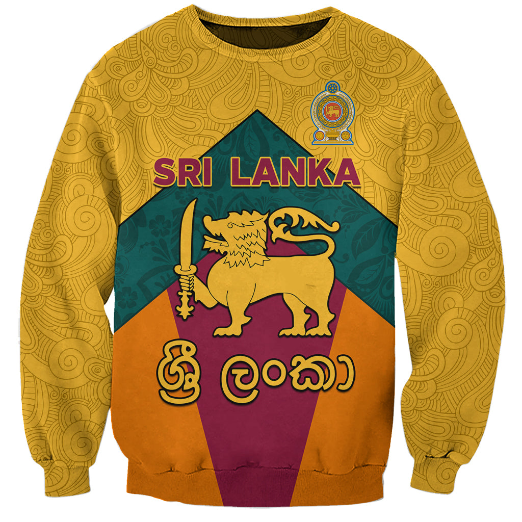 Gold unisex sweatshirt with Sri Lanka text, lion emblem, and swirling pattern sleeves.