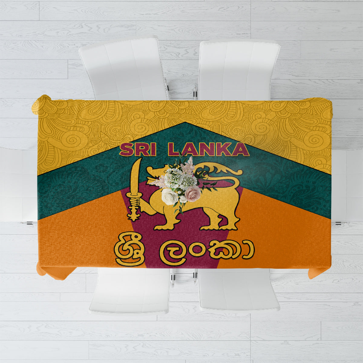 Flag-style tablecloth with golden lion emblem and “SRI LANKA” lettering