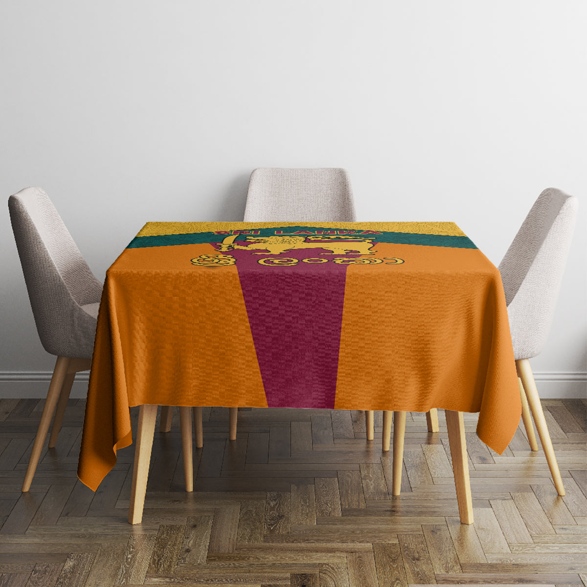 Square flag-style tablecloth with teal edges and purple center stripe, lion emblem