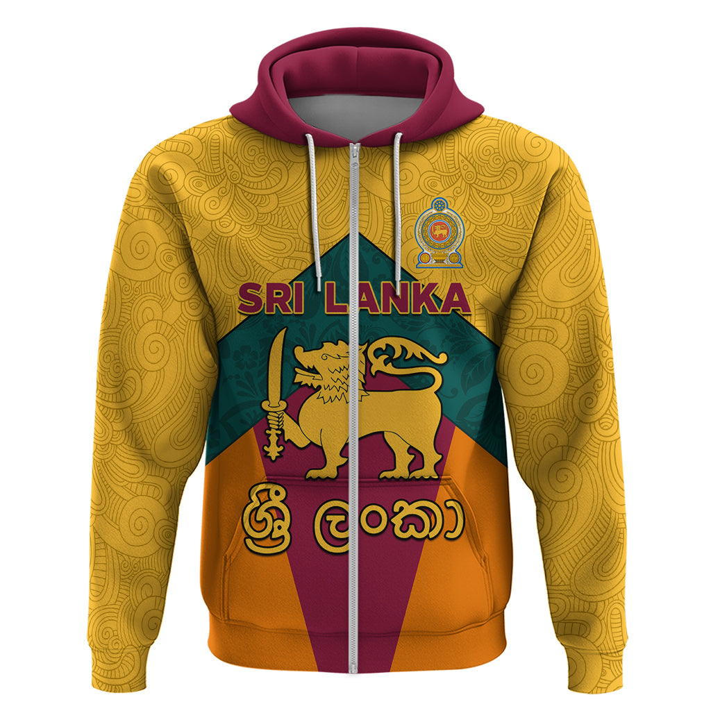Gold zip hoodie with maroon hood and Sri Lanka lion flag graphic front