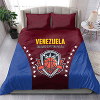 Maroon and blue basketball bedding set with Venezuela logo on duvet and two matching pillows