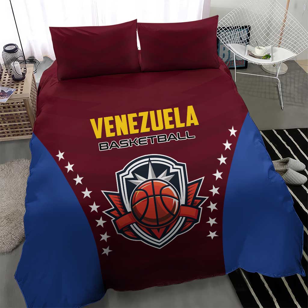 Maroon and blue basketball bedding set featuring Venezuela basketball emblem and two pillows