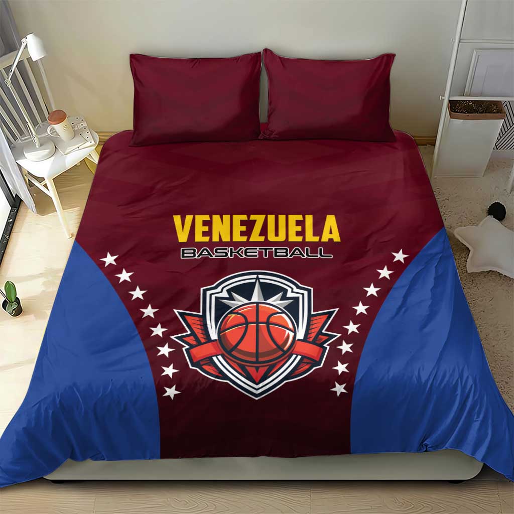 Maroon and blue basketball bedding set with Venezuela basketball logo and two pillowcases