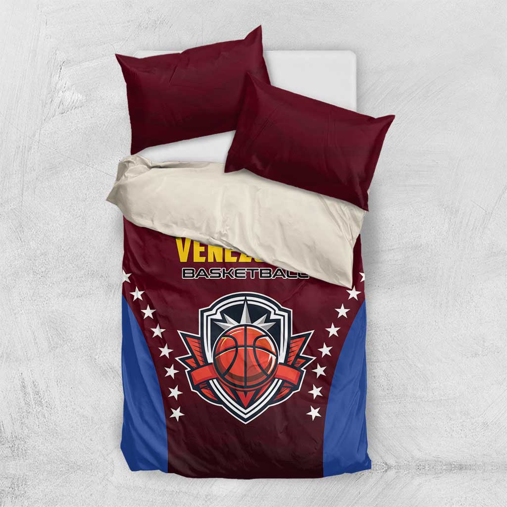 Maroon and blue basketball bedding set with printed Venezuela emblem and two maroon pillows