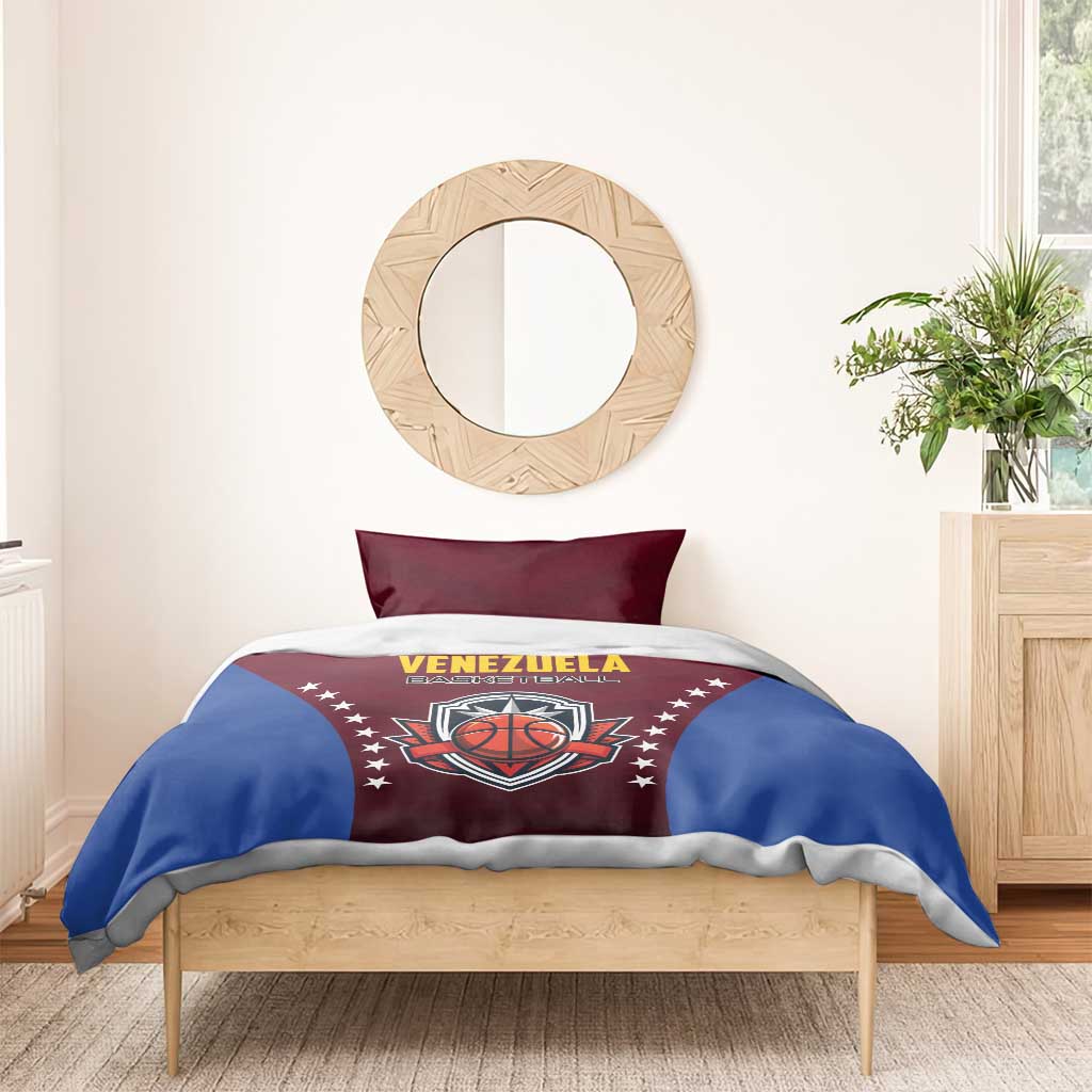 Maroon and blue basketball bedding set with Venezuela emblem on duvet and matching pillow