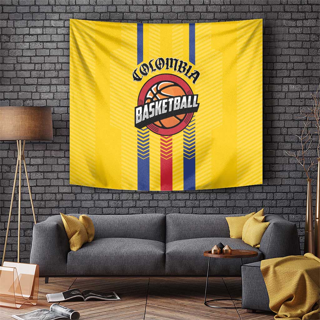 Yellow Colombia Basketball wall tapestry with central logo and vertical stripe accents.