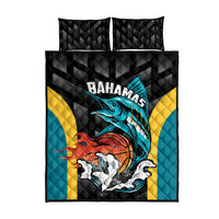 Black quilt bed set with Bahamas team graphic, teal and yellow side panels, matching pillow set