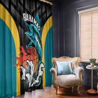 Black window curtain with Bahamas basketball graphic panel; teal and gold side stripes.