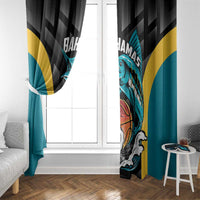 Black window curtain with Bahamas basketball graphic and teal-and-gold vertical stripe panels.