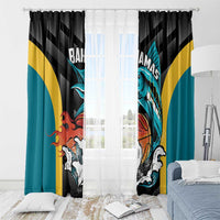 Black window curtains with Bahamas basketball graphic and teal-and-gold panels over a white liner.