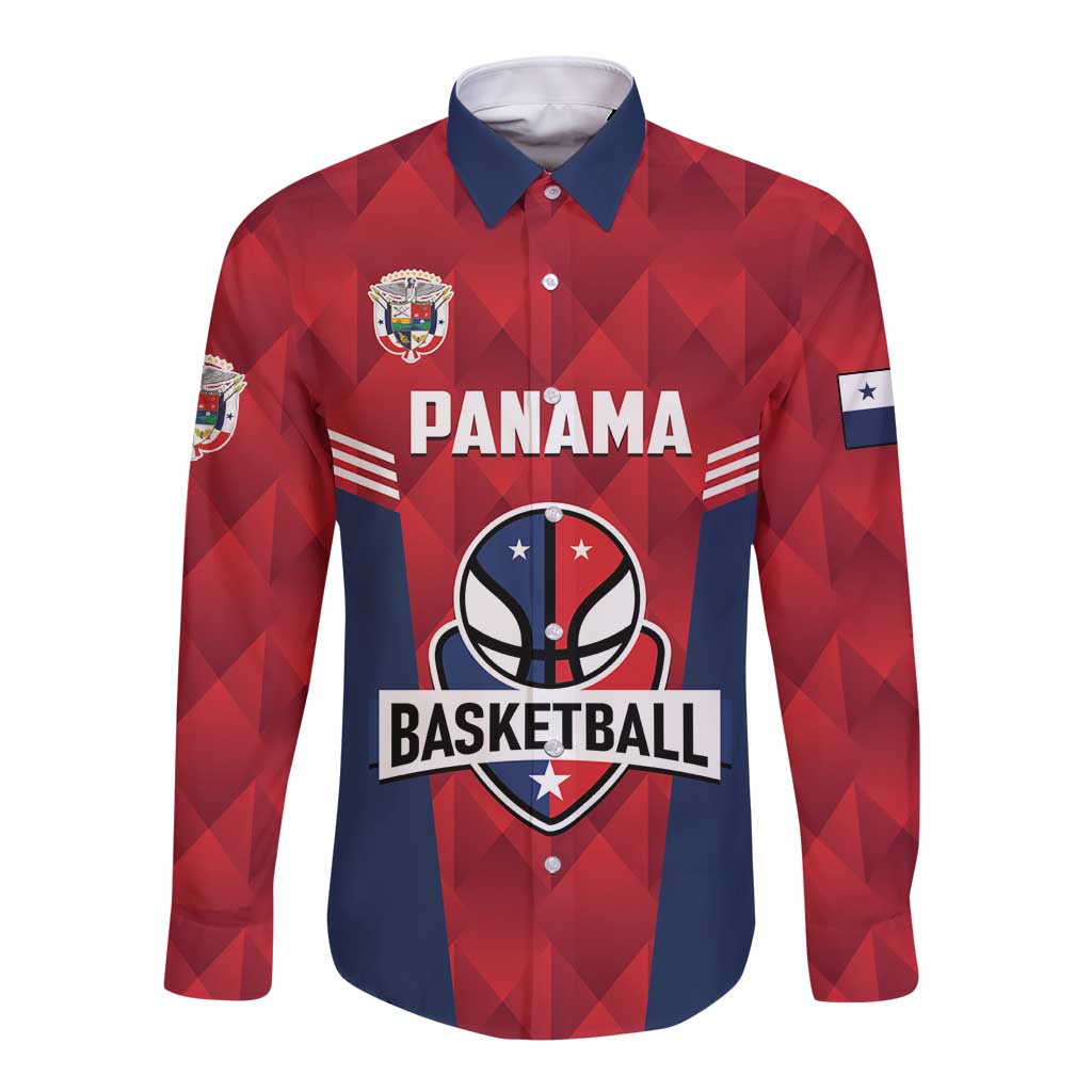 Red long-sleeve button basketball jersey with Panama front graphic and navy panel