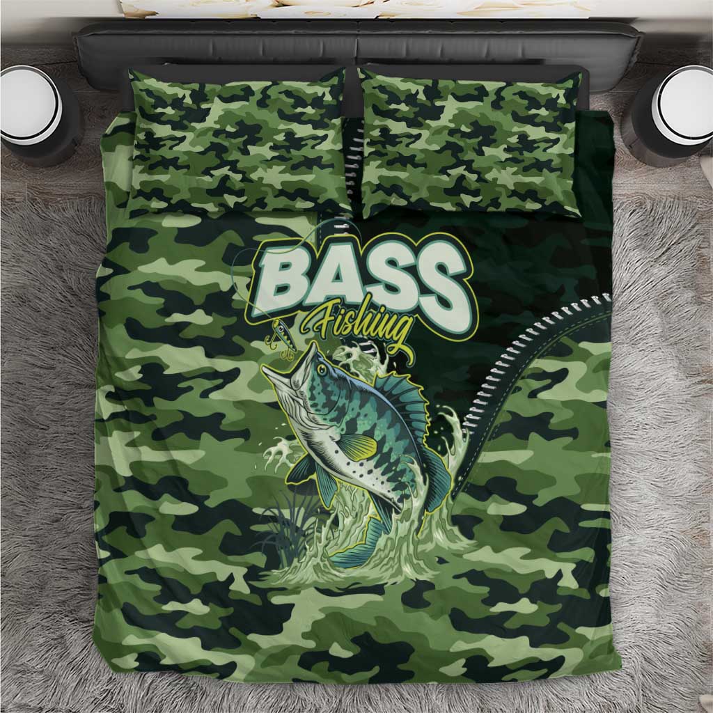 Bass Fishing Camouflage Bedding Set Zipper Stylized