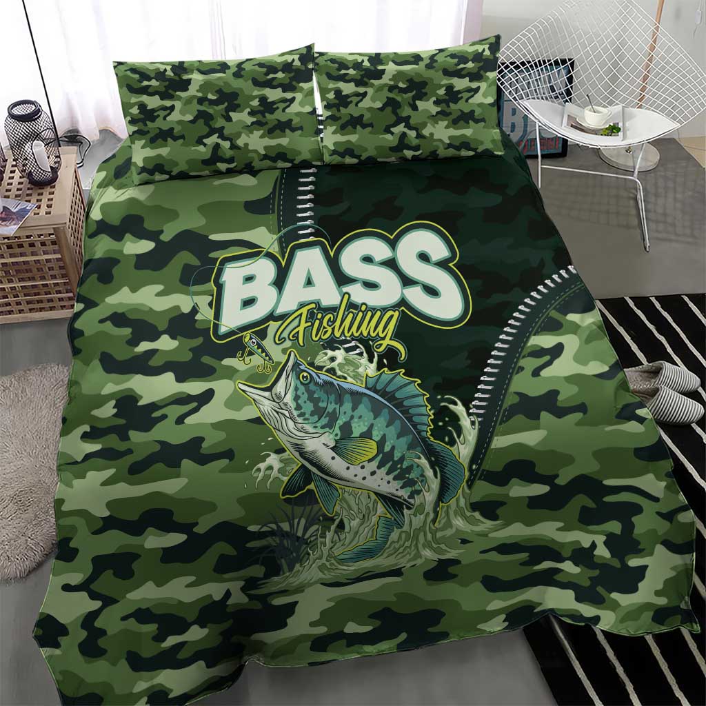 Bass Fishing Camouflage Bedding Set Zipper Stylized