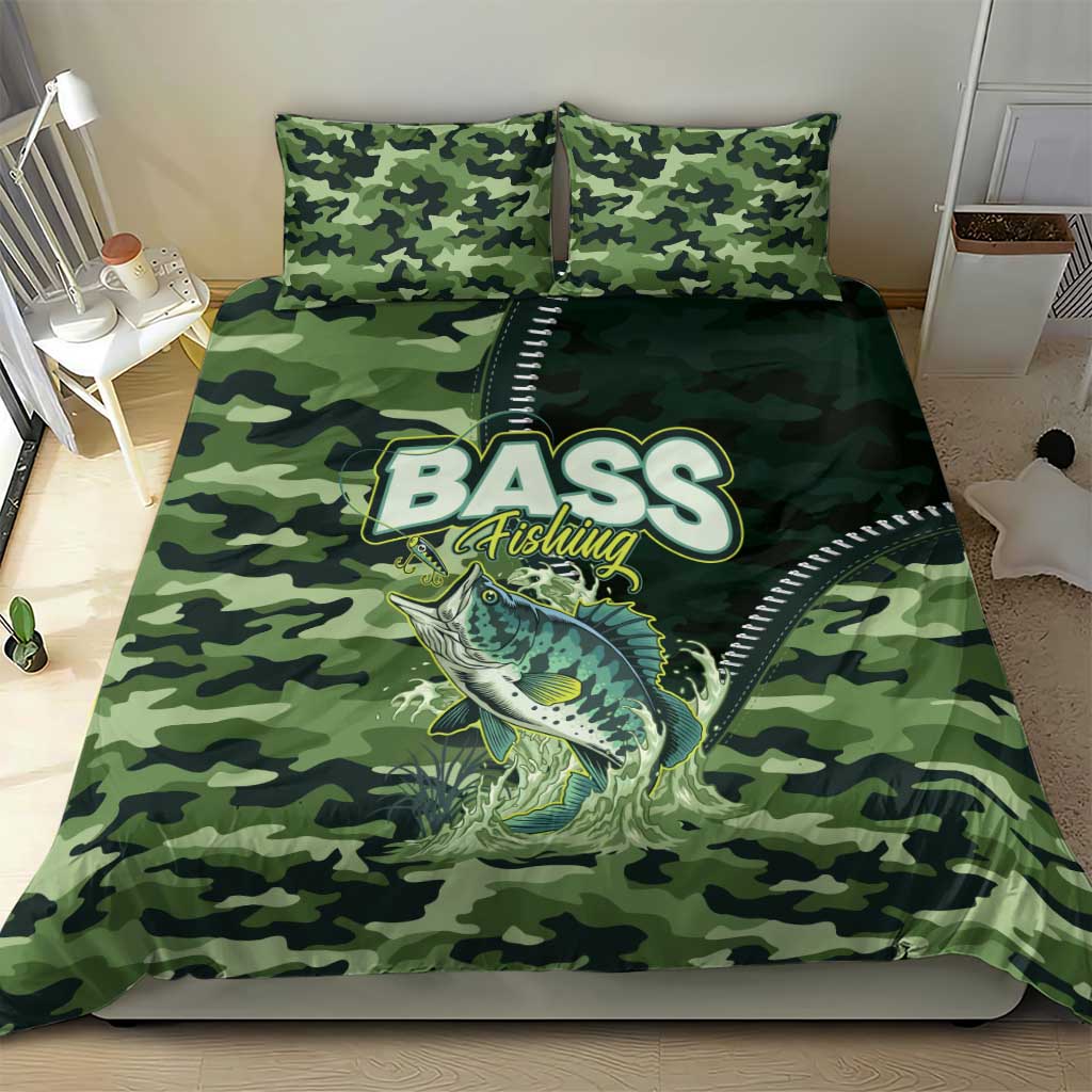 Bass Fishing Camouflage Bedding Set Zipper Stylized