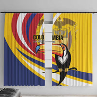 Yellow window curtain with toucan print and blue/red/white stripe design.