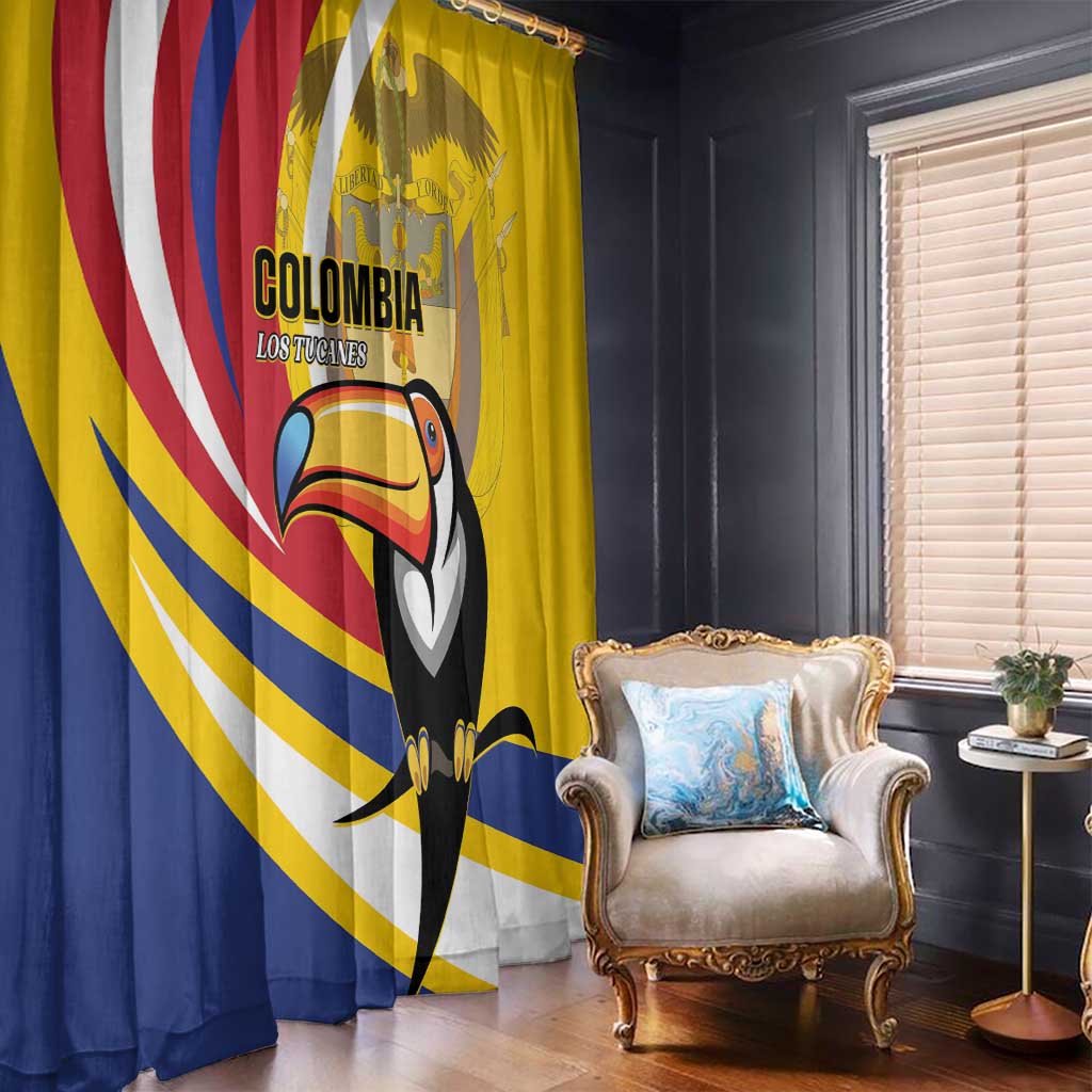 Toucan-themed yellow window curtain with bold blue and red stripe accents.