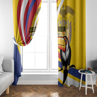 Yellow window curtain pair featuring toucan artwork with blue/red/white stripes.