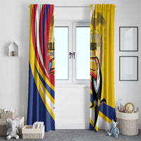 Yellow and blue window curtain panels with toucan print and red/white stripes.