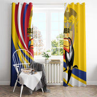 Toucan window curtain panels in yellow, blue, and red with striped design.
