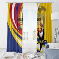 Yellow window curtain panels with toucan print and metal grommets at the top.