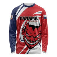 Red, white, and navy long-sleeve rugby shirt with cartoon devil graphic on front