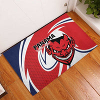 Red, white, and navy Panama Diablos Rojos doormat with devil head logo, angled view