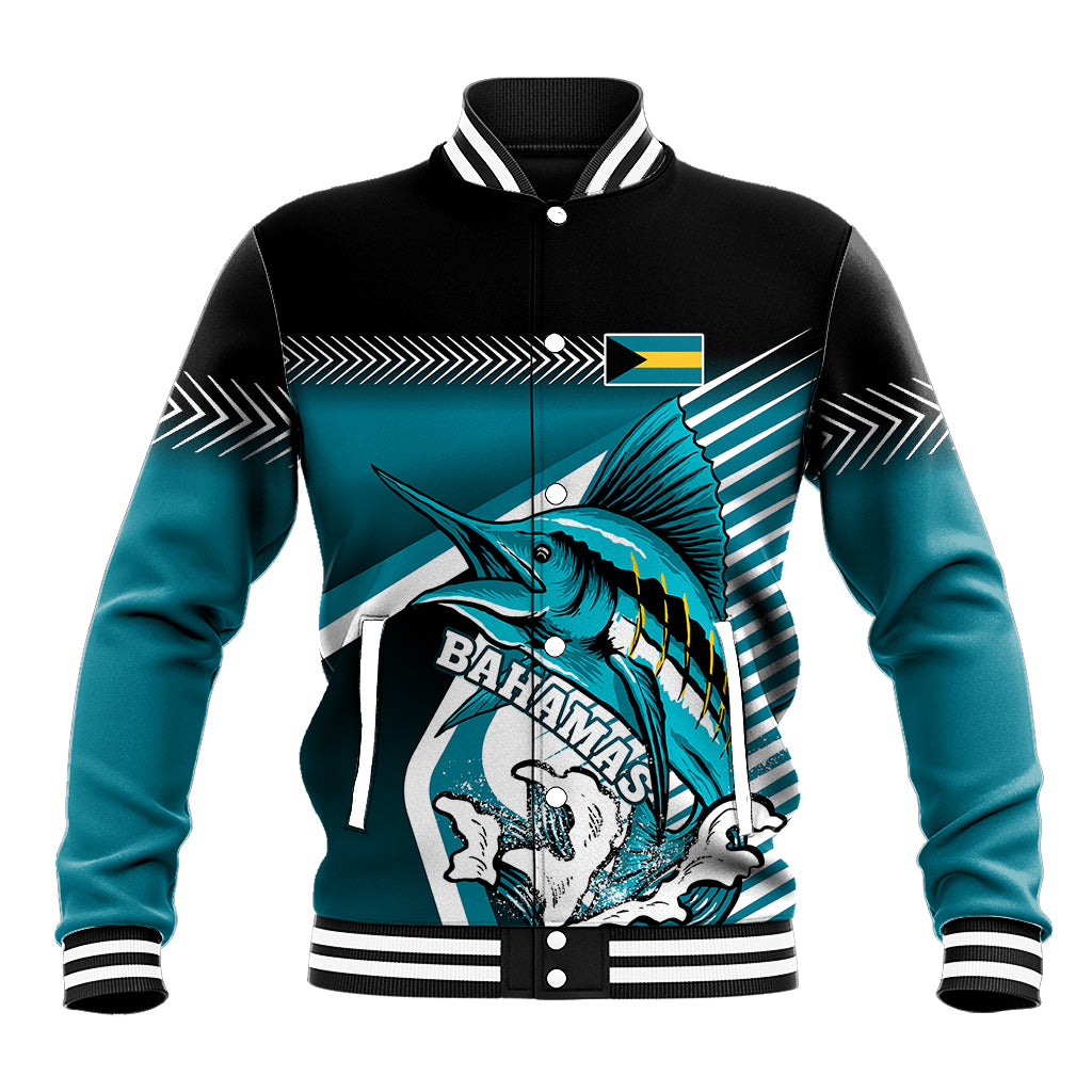 Black baseball jacket with teal sleeves and Bahamas graphic, striped ribbed collar cuffs
