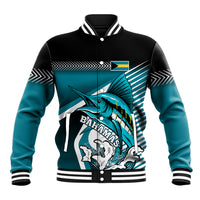 Black baseball jacket with teal sleeves and Bahamas graphic, striped ribbed collar cuffs