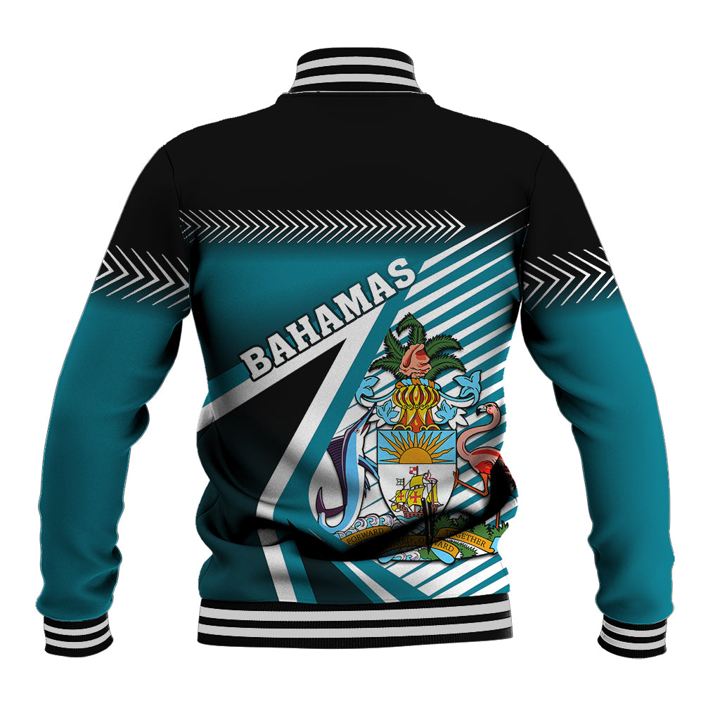 Black baseball jacket back view with teal panels, Bahamas crest graphic, striped ribbed hem
