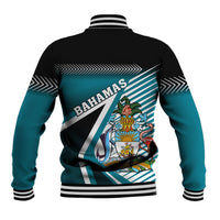 Black baseball jacket back view with teal panels, Bahamas crest graphic, striped ribbed hem