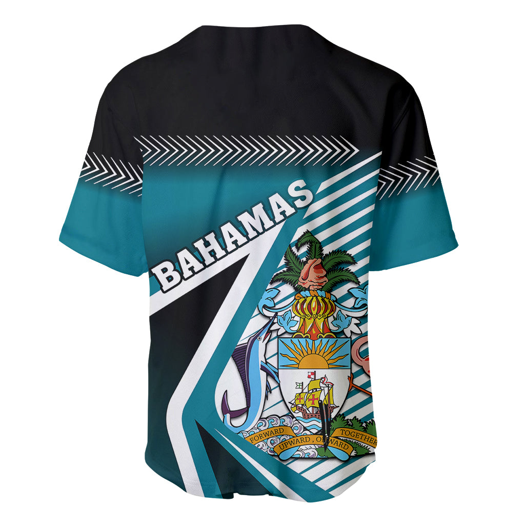 Baseball jersey back with black V-neck, teal Bahamas text and crest emblem