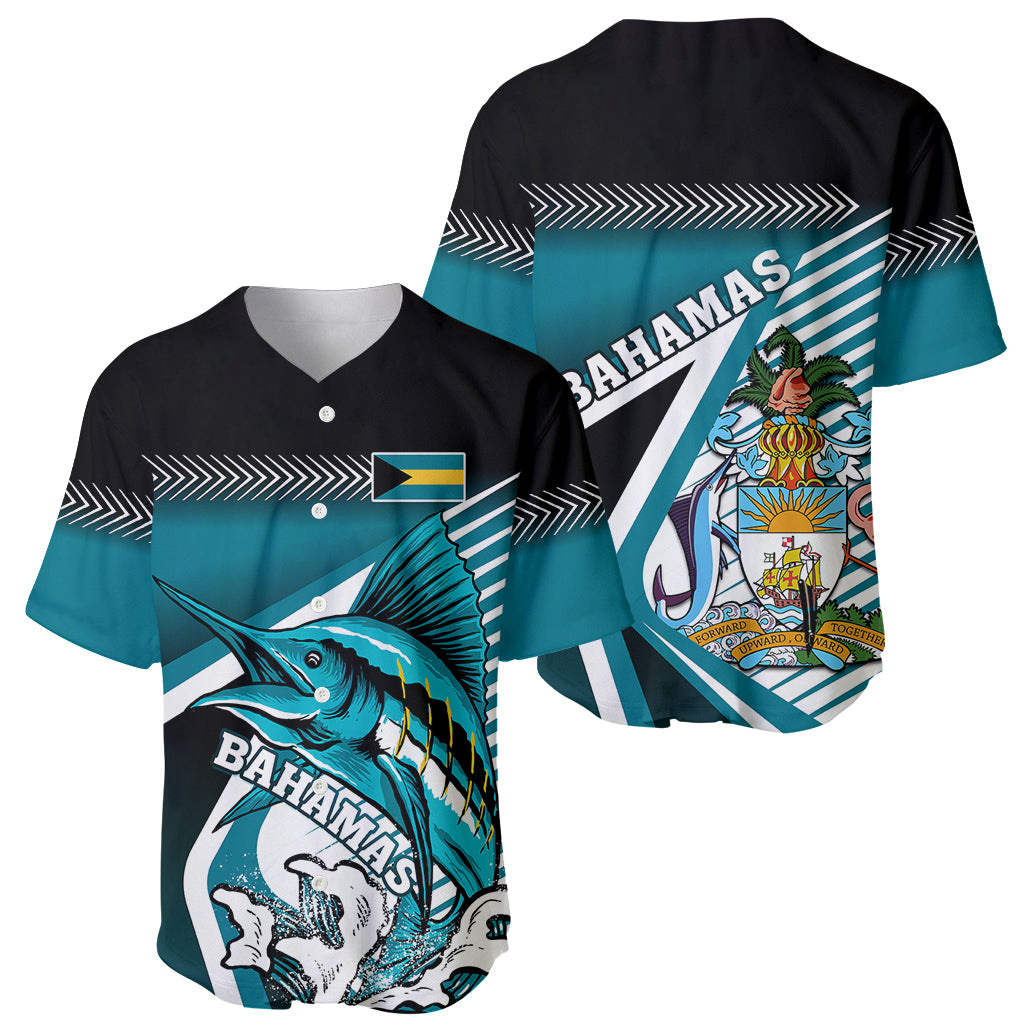 Baseball jersey set shown front and back, black V-neck with teal marlin and crest