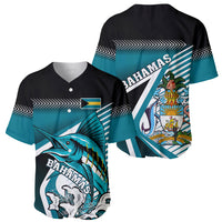 Baseball jersey set shown front and back, black V-neck with teal marlin and crest