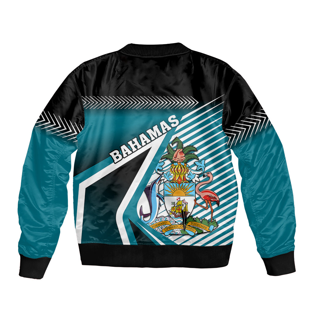 Unisex bomber jacket, black and teal with Bahama crest back graphic and zip closure
