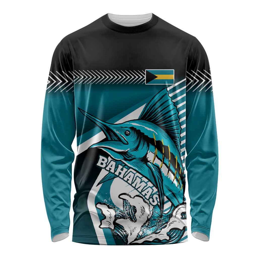 Unisex long-sleeve shirt with black and teal gradient, marlin graphic and Bahamas logo
