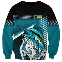 Black crewneck sweatshirt with teal marlin graphic and bold Bahamian text