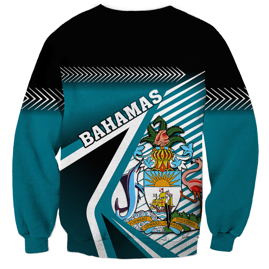 Black crewneck sweatshirt with teal Bahamian crest graphic and arched Bahamas text