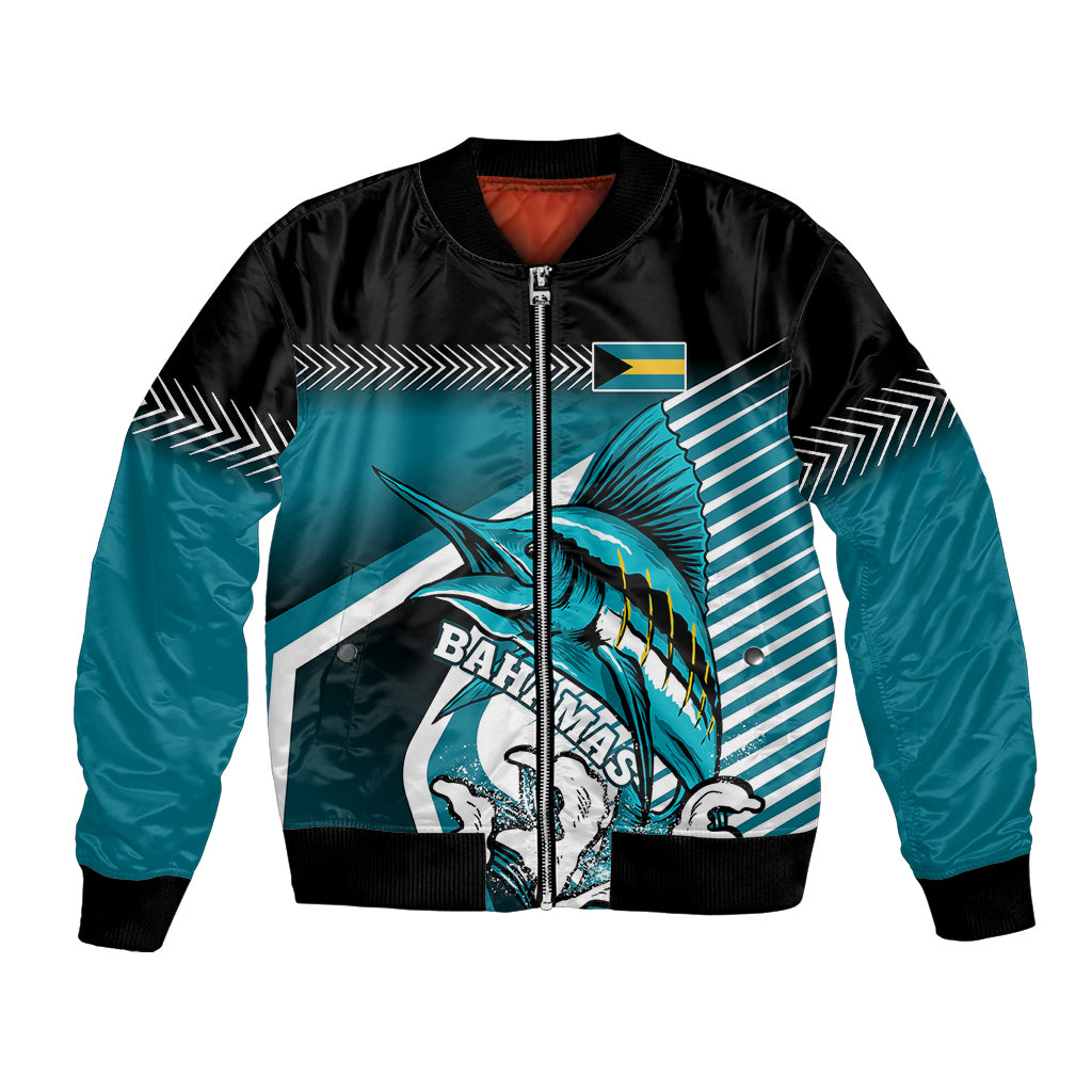 Unisex bomber jacket in black and teal with marlin graphic and front zipper