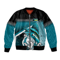 Unisex bomber jacket in black and teal with marlin graphic and front zipper