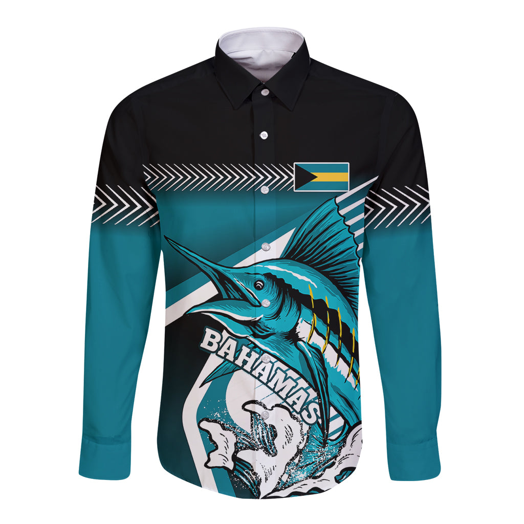Long-sleeve button shirt with black and teal marlin graphic and Bahamas text on front