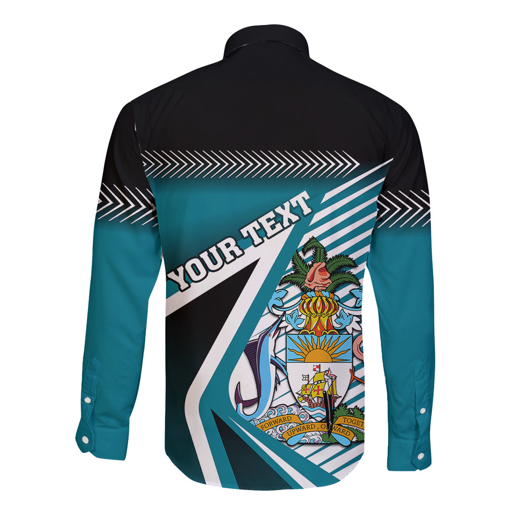 Long-sleeve button shirt with back print reading "YOUR TEXT" and colorful character artwork
