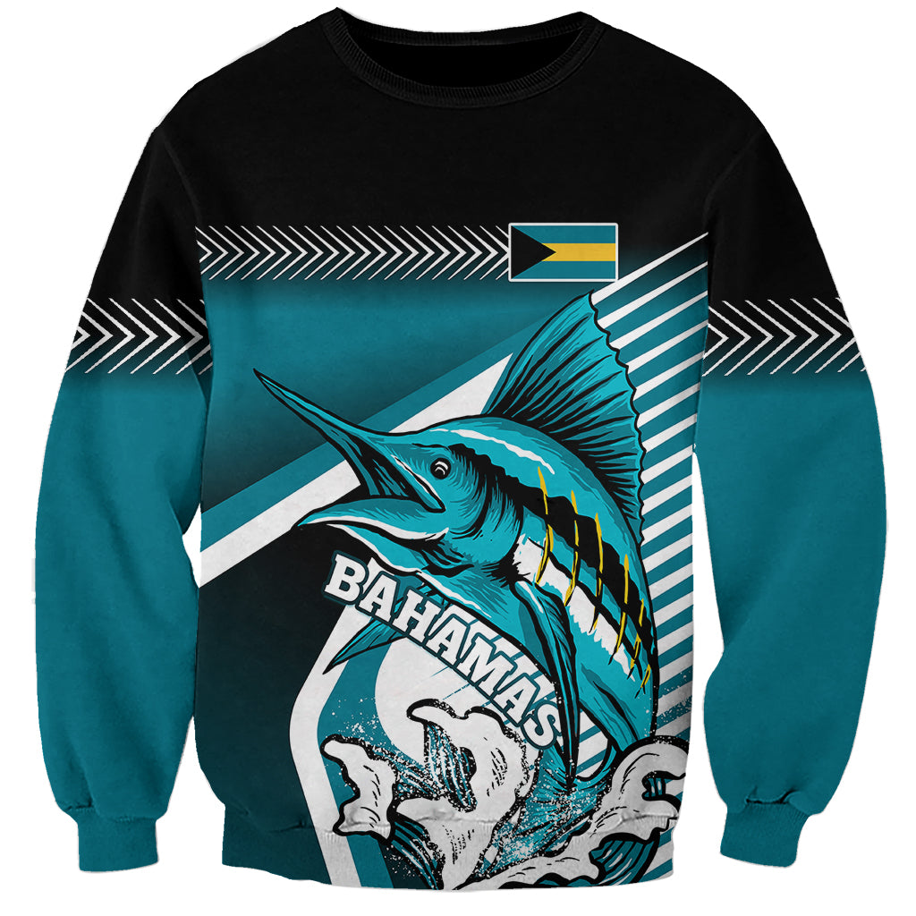 Unisex black crewneck sweatshirt with large Bahamian marlin graphic on front