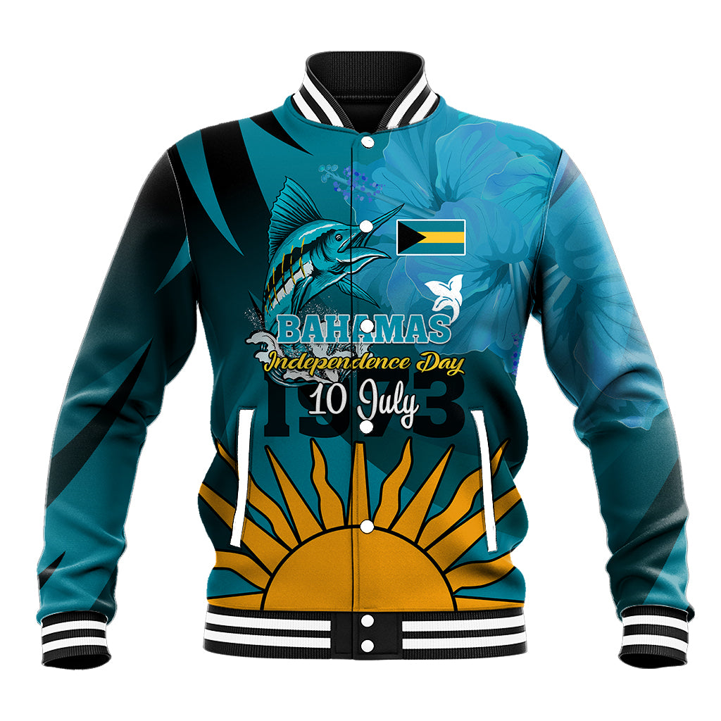 Blue baseball jacket with striped collar, Bahamas 10 July graphic, button-front