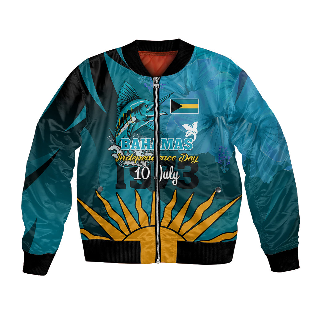 Unisex bomber jacket with Bahamas independence design, marlin and tropical flowers, full-color front