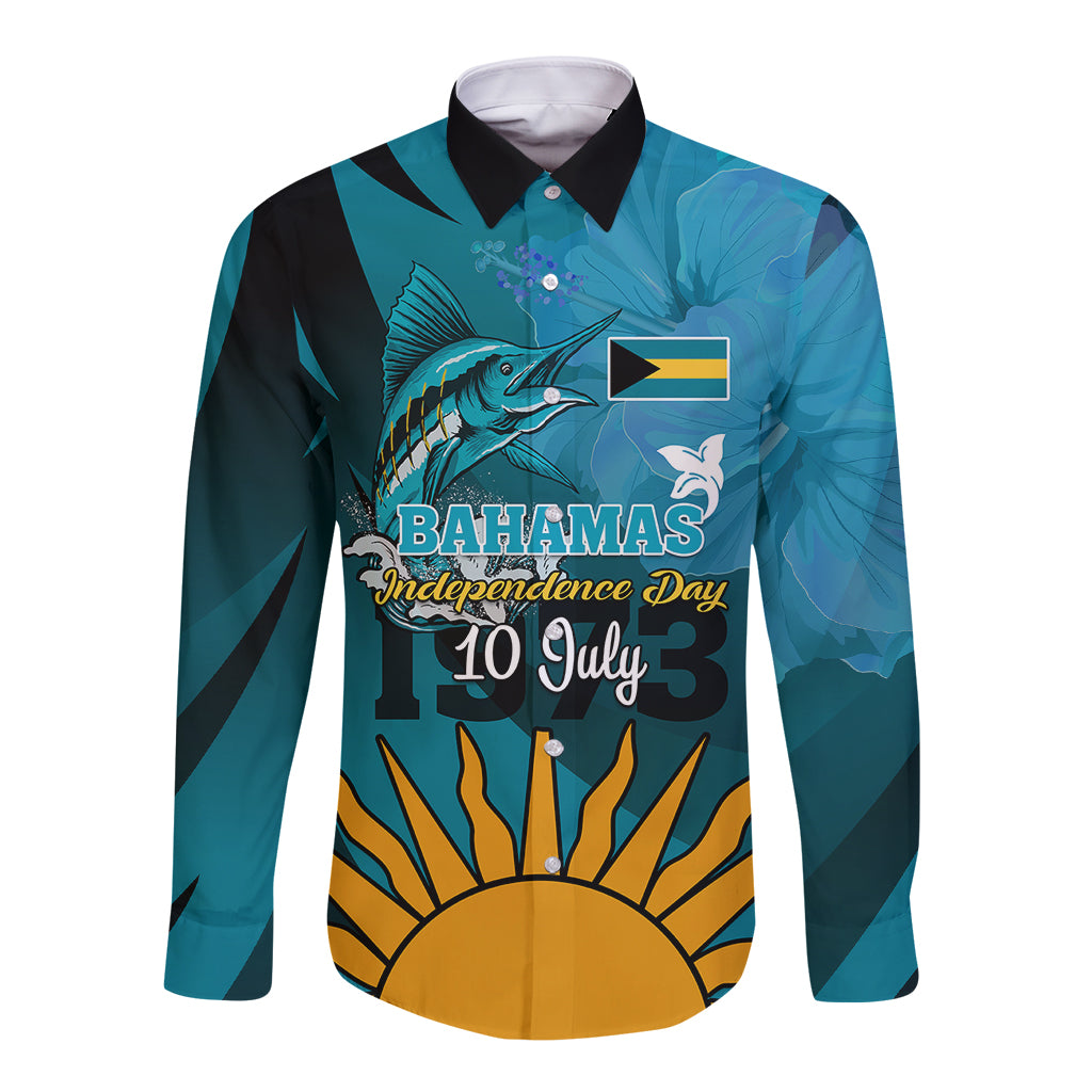 Custom 10 July The Bahamas Independence Day Long Sleeve Button Shirt Bahamian Blue Marlin With Hibiscus - Wonder Print Shop