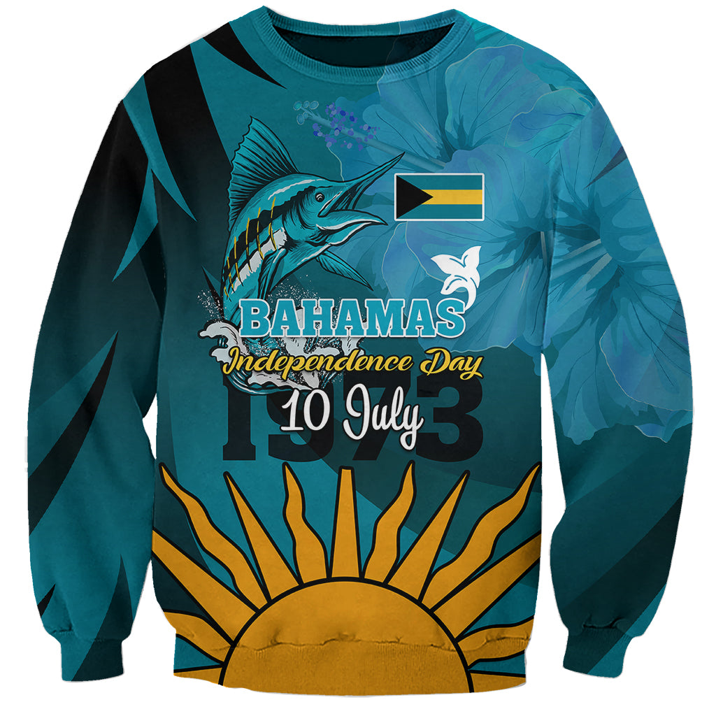 Unisex blue sweatshirt with Bahamian Independence Day graphic, marlin, sun rays, 10 July