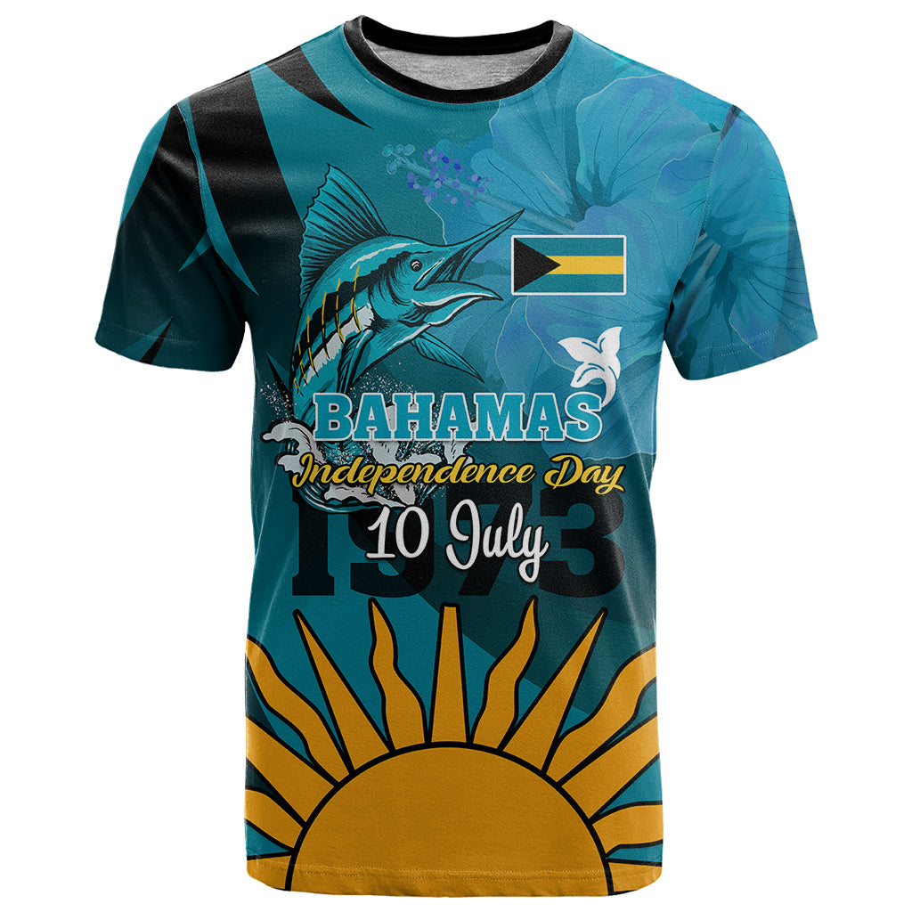 Custom 10 July The Bahamas Independence Day T Shirt Bahamian Blue Marlin With Hibiscus - Wonder Print Shop