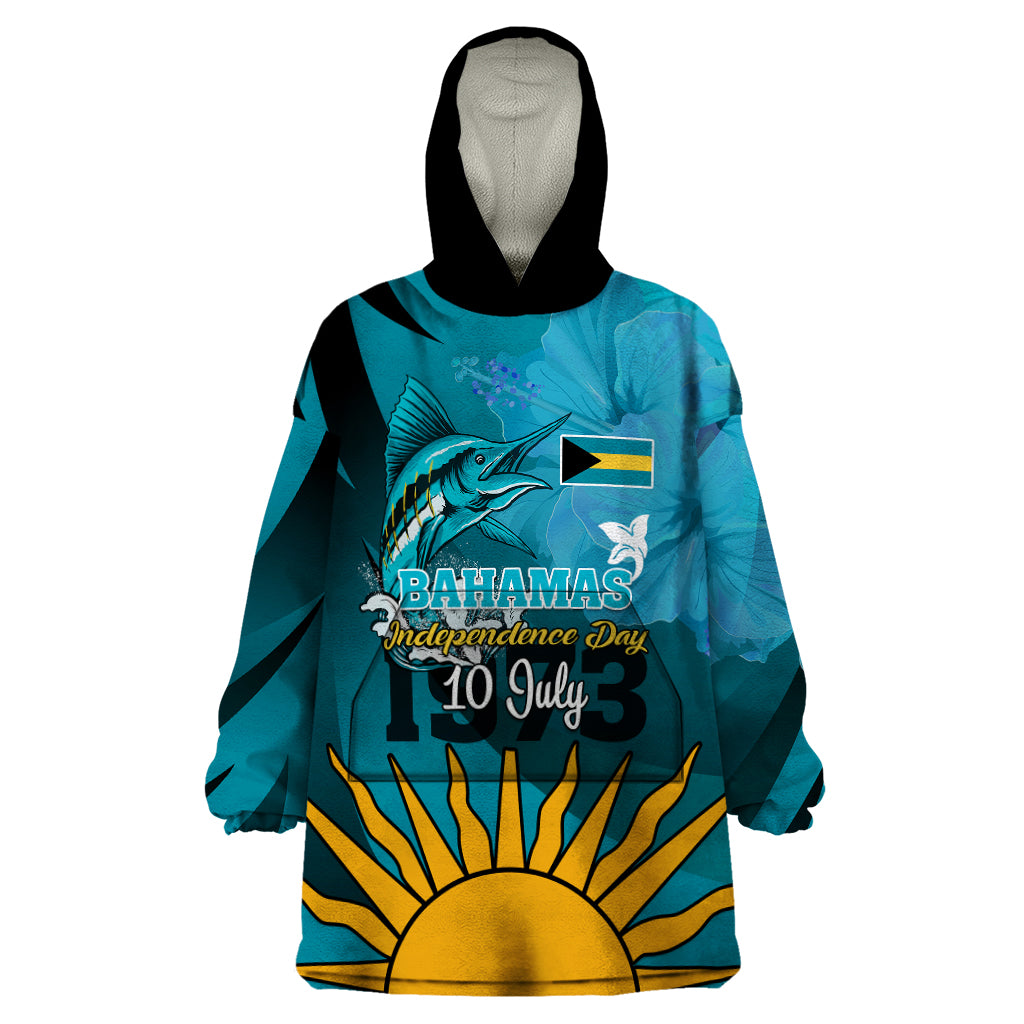 Custom 10 July The Bahamas Independence Day Wearable Blanket Hoodie Bahamian Blue Marlin With Hibiscus - Wonder Print Shop