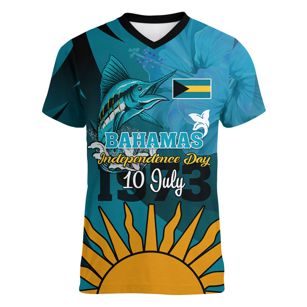 Custom 10 July The Bahamas Independence Day Women V Neck T Shirt Bahamian Blue Marlin With Hibiscus - Wonder Print Shop