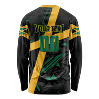 Black unisex long-sleeve rugby shirt with yellow/green diagonal stripe, YOUR TEXT 00 back print